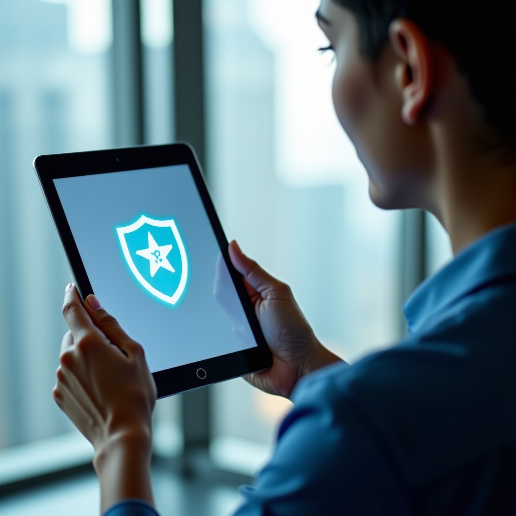 A person looking at a transparent digital tablet with a shield icon, symbolizing AI safety, soft daylight, high quality photograph, 4:3 aspect ratio.