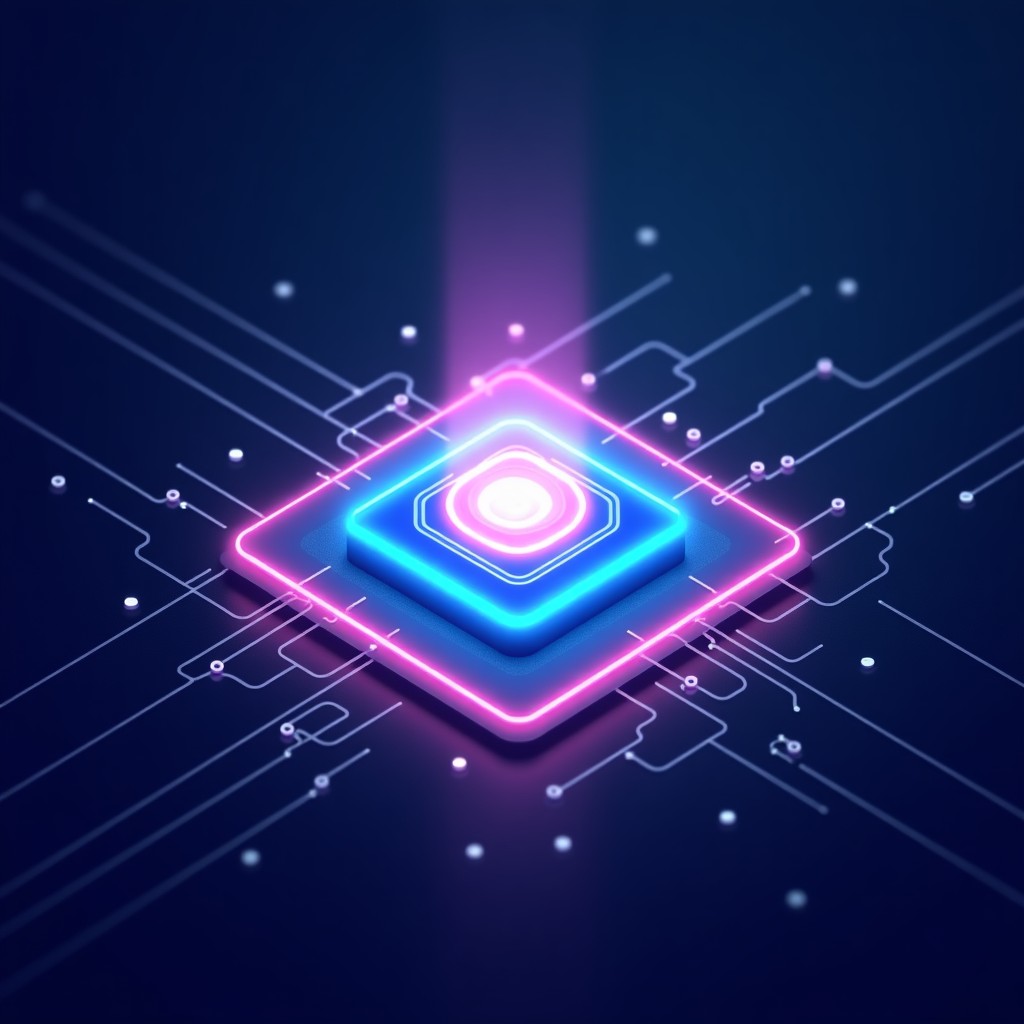 Abstract visualization of digital security layers protecting a glowing central code core, neon blue and deep purple aesthetic, sleek minimalist style, 4:3