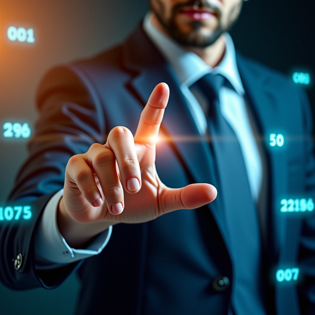 Close-up of a human hand interacting with holographic code lines, warm and cool lighting contrast, professional environment, cinematic composition, 4:3