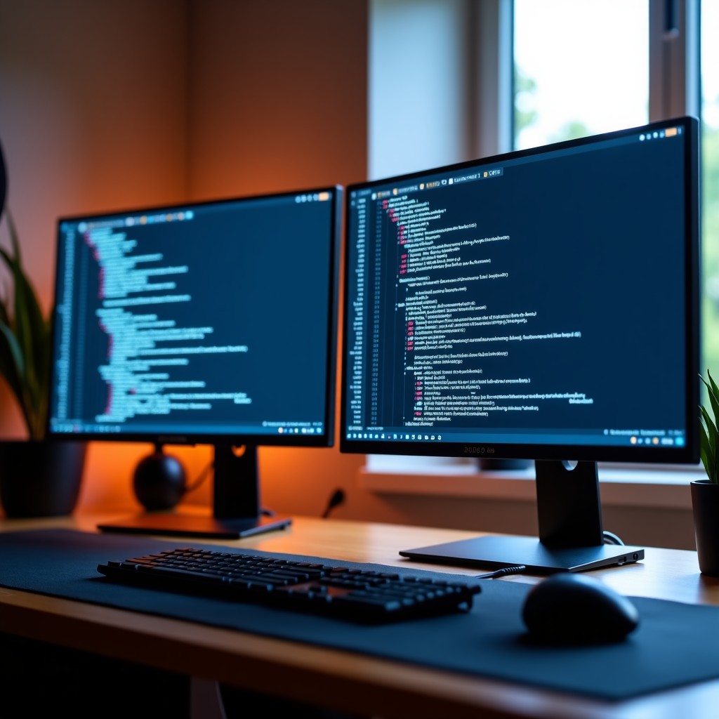 Professional workspace with dual monitors showing code and AI workflow, modern desk setup, depth of field, high resolution, 4:3 aspect ratio