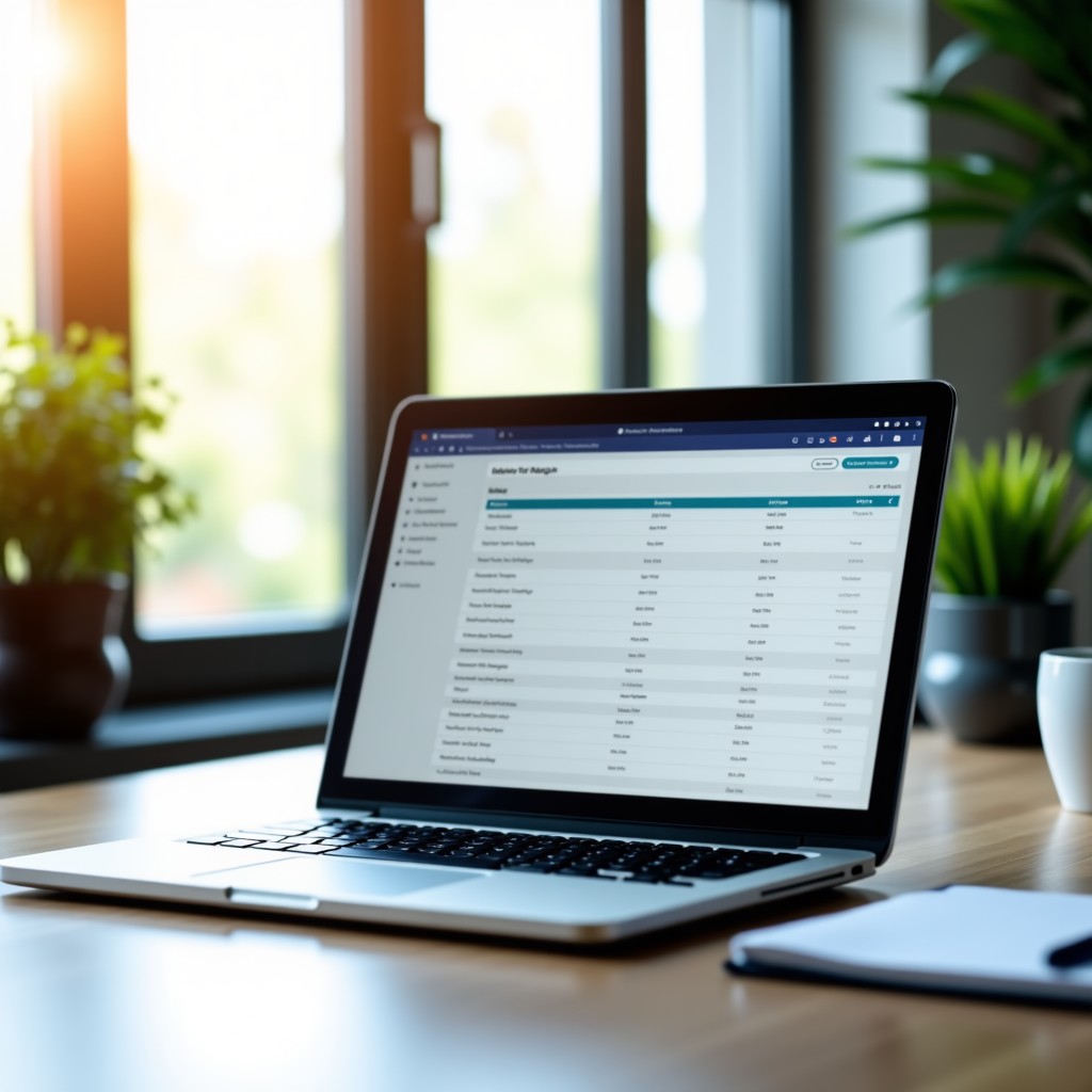 A clean aesthetic office desk with a laptop displaying organized work logs, natural sunlight, professional business environment, 1:1
