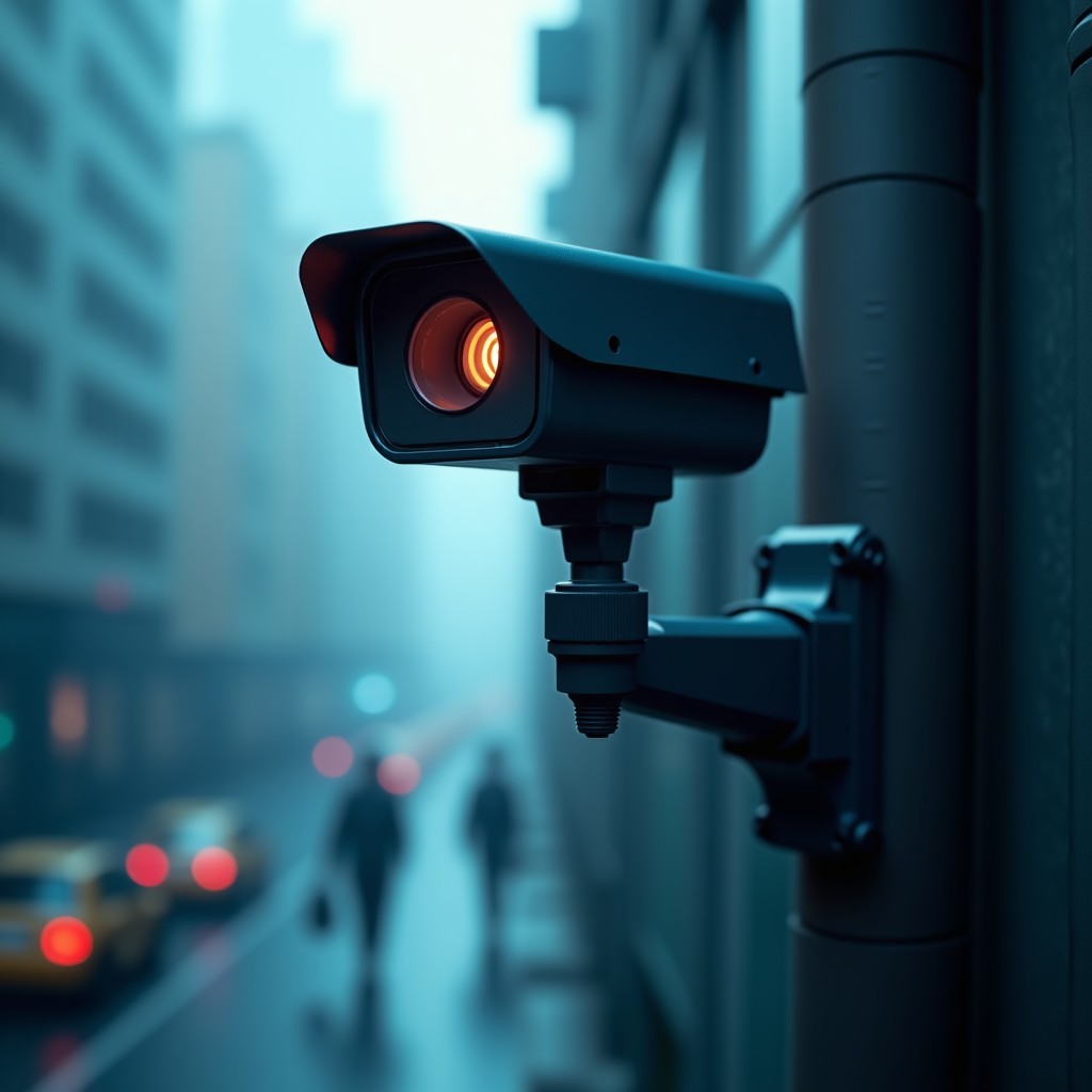 Abstract representation of digital surveillance technology within a military context, soft focus, technical aesthetic, cool color palette, 4:3