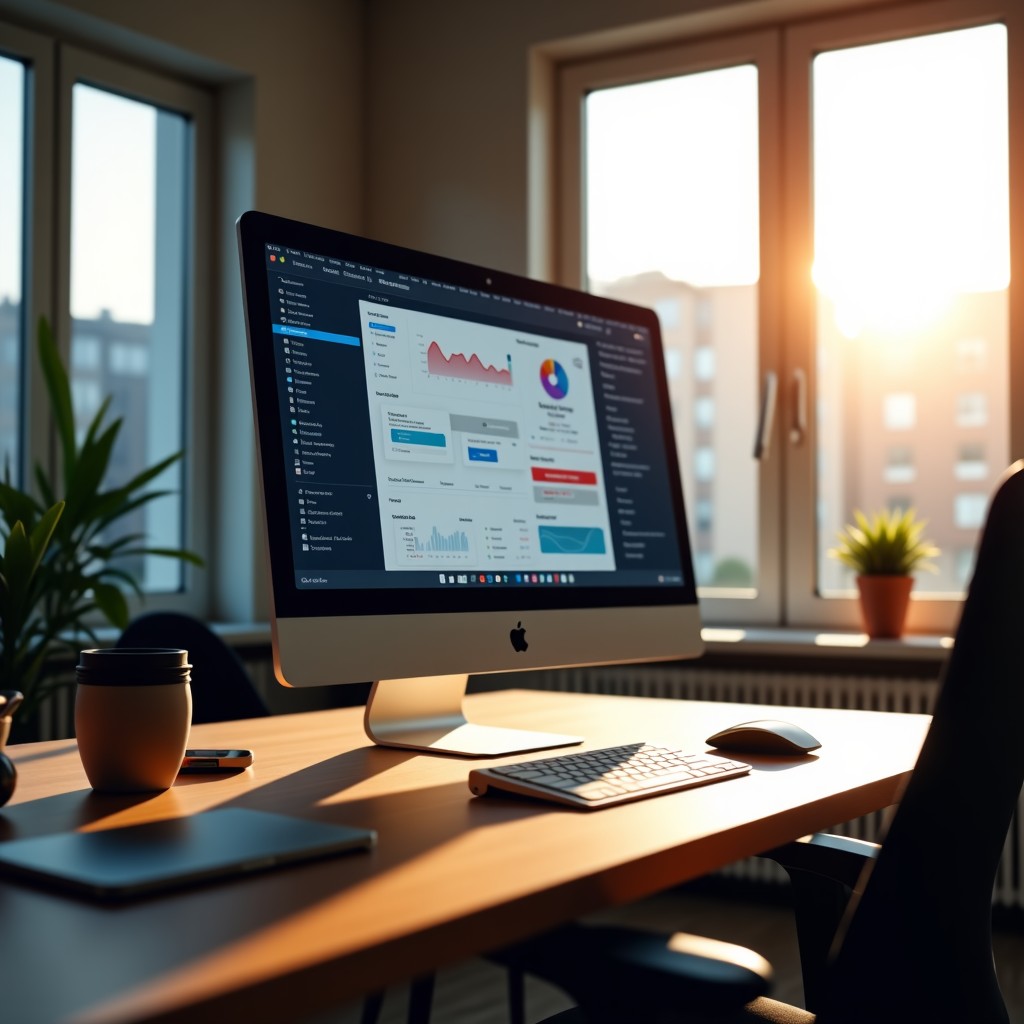 An office workspace featuring a computer screen with creative software tools, professional atmosphere, minimalist desk setup, warm sunlight streaming through a window, realistic photography, 16:9 aspect ratio