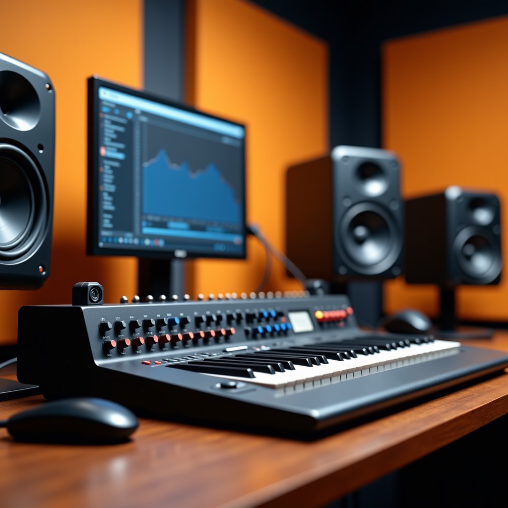A modern recording studio desk with high-end audio equipment, blurred background of soundproofing panels, clean and professional look, cinematic lighting, 16:9 aspect ratio