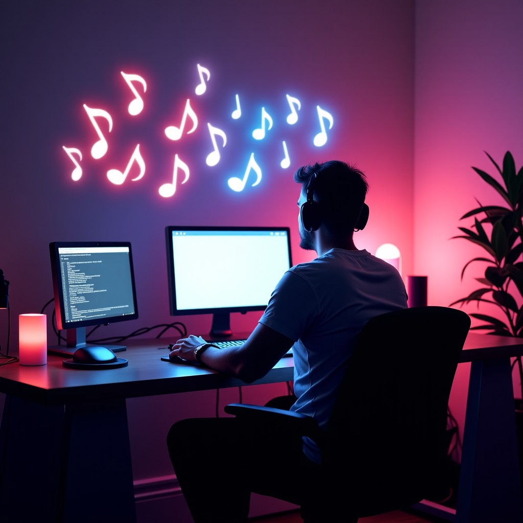 A creative artist sitting at a desk with an abstract representation of digital music notes floating in the air, creative and inspiring atmosphere, professional photography, 16:9 aspect ratio