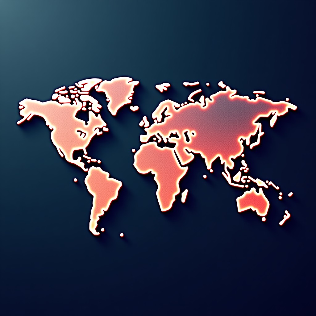 An abstract representation of a digital world map with network connections, clean lines, professional business aesthetic, warm and cool tones, 4:3