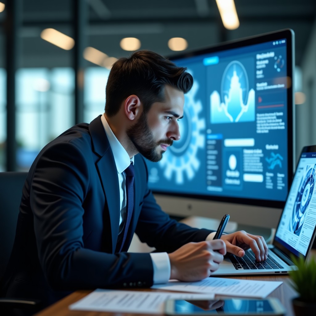 A professional lawyer working in a modern office with multiple holographic data displays and AI-generated legal documents, realistic photography, soft cinematic lighting, 4:3