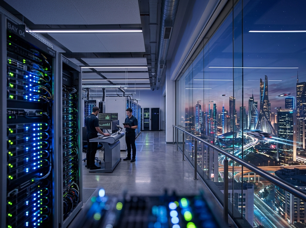 고도화된 AI 서버 룸과 미래 지향적 풍경