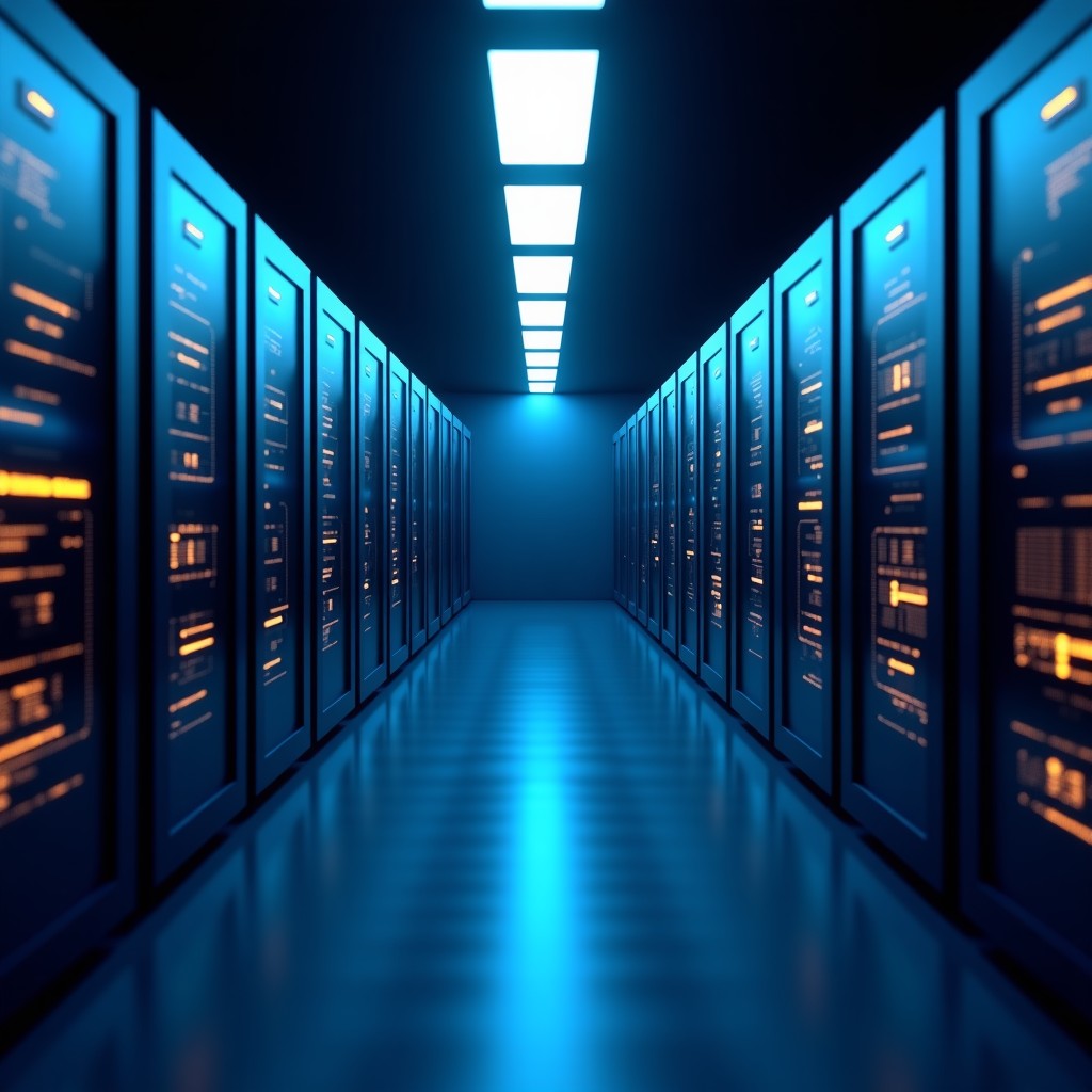 Abstract representation of corporate restructuring and digital technology, glowing server racks in dark room, minimalist style, 16:9 aspect ratio