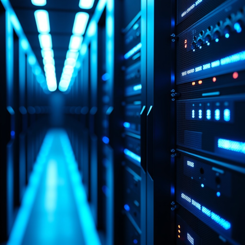 Close up of high-end server hardware, glowing blue optical fibers, futuristic data center interior, photorealistic, 4:3 aspect ratio