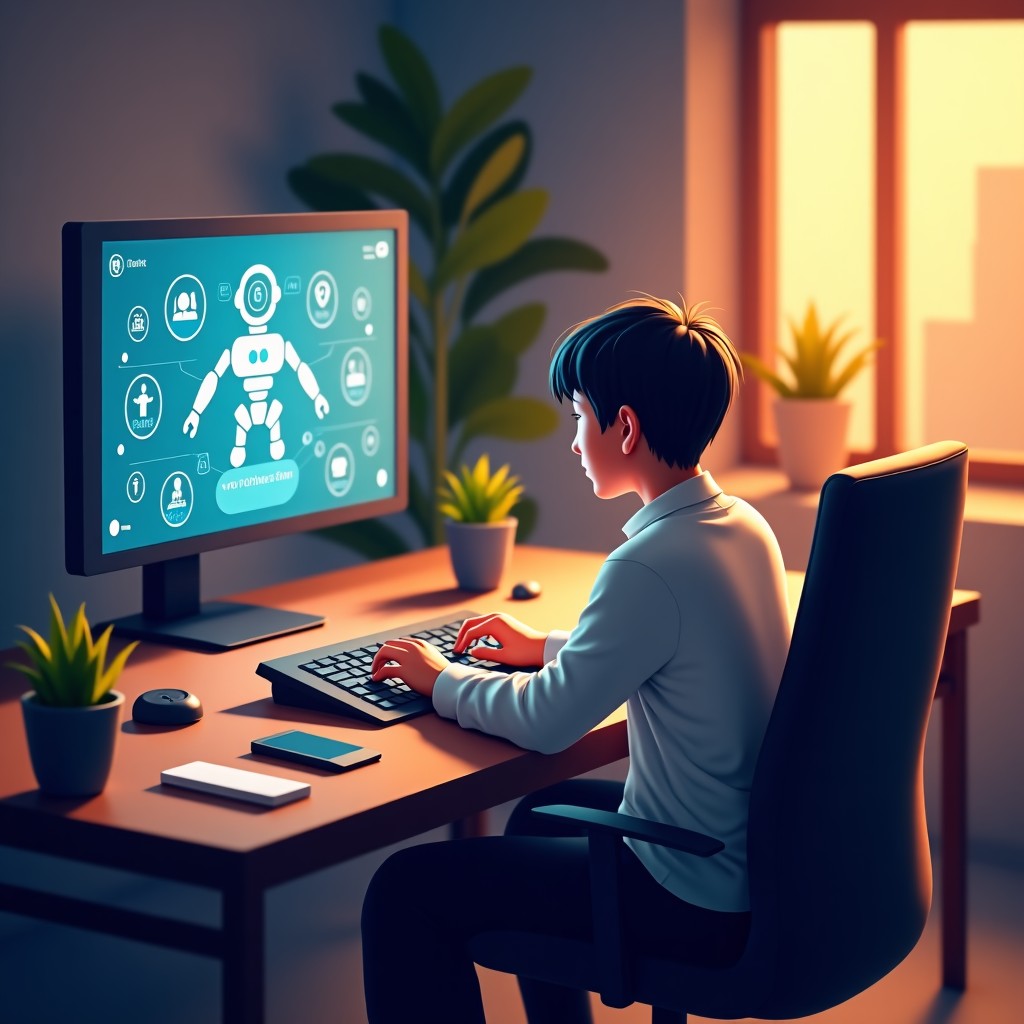 A futuristic study space where a student is learning from a advanced robotic tutor interface, warm atmosphere, professional studio lighting, detailed composition, 4:3.