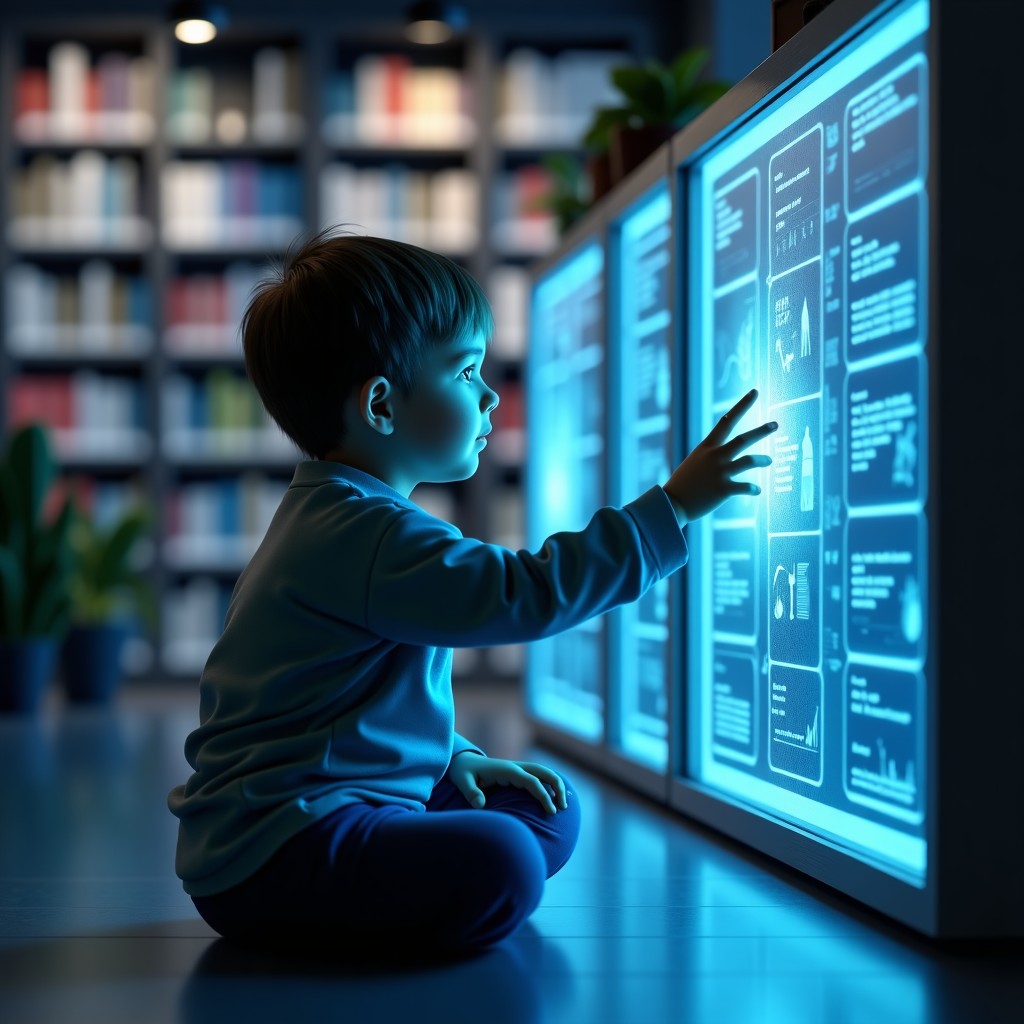 A child interacting with a glowing holographic digital interface in a modern library, soft lighting, 4:3