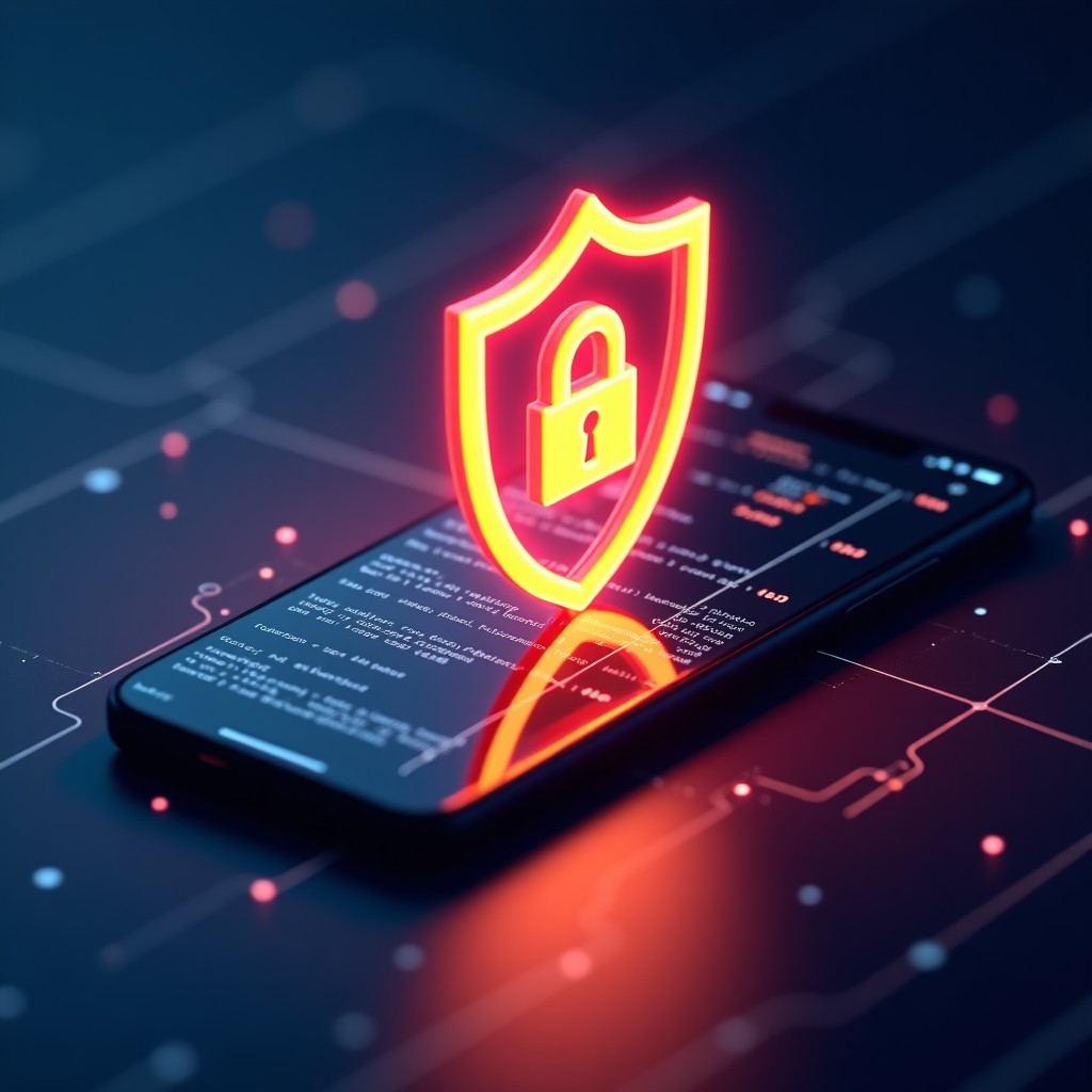 Concept of digital security shield glowing over a smartphone with lines of code and data packets, deep colors, professional graphic design style, 16:9 aspect ratio.