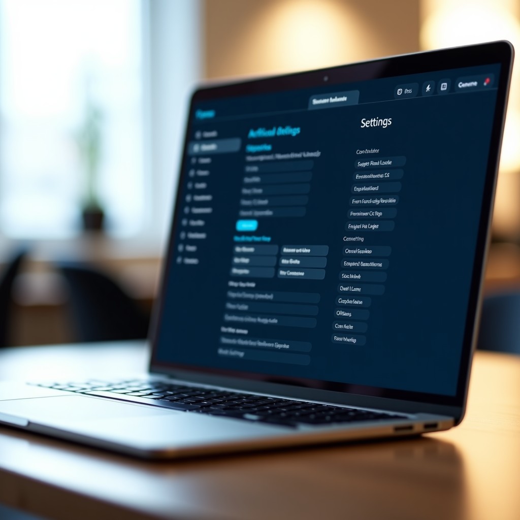 Close up of a modern laptop screen showing artificial intelligence settings, clean office desk, professional and tech-oriented, 4:3