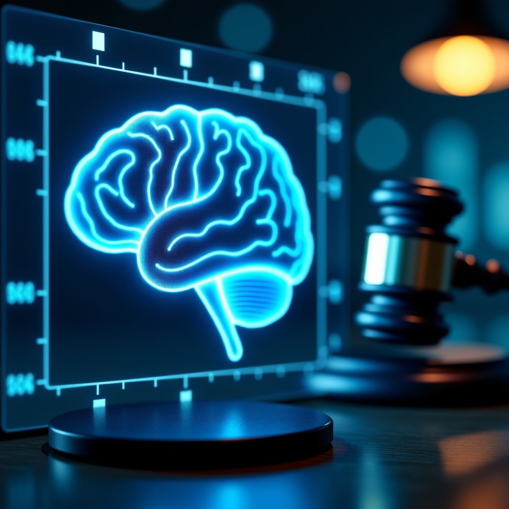 A close up of a digital brain icon on a glowing glass screen with a gavel in the blurred background, professional atmosphere, 4:3