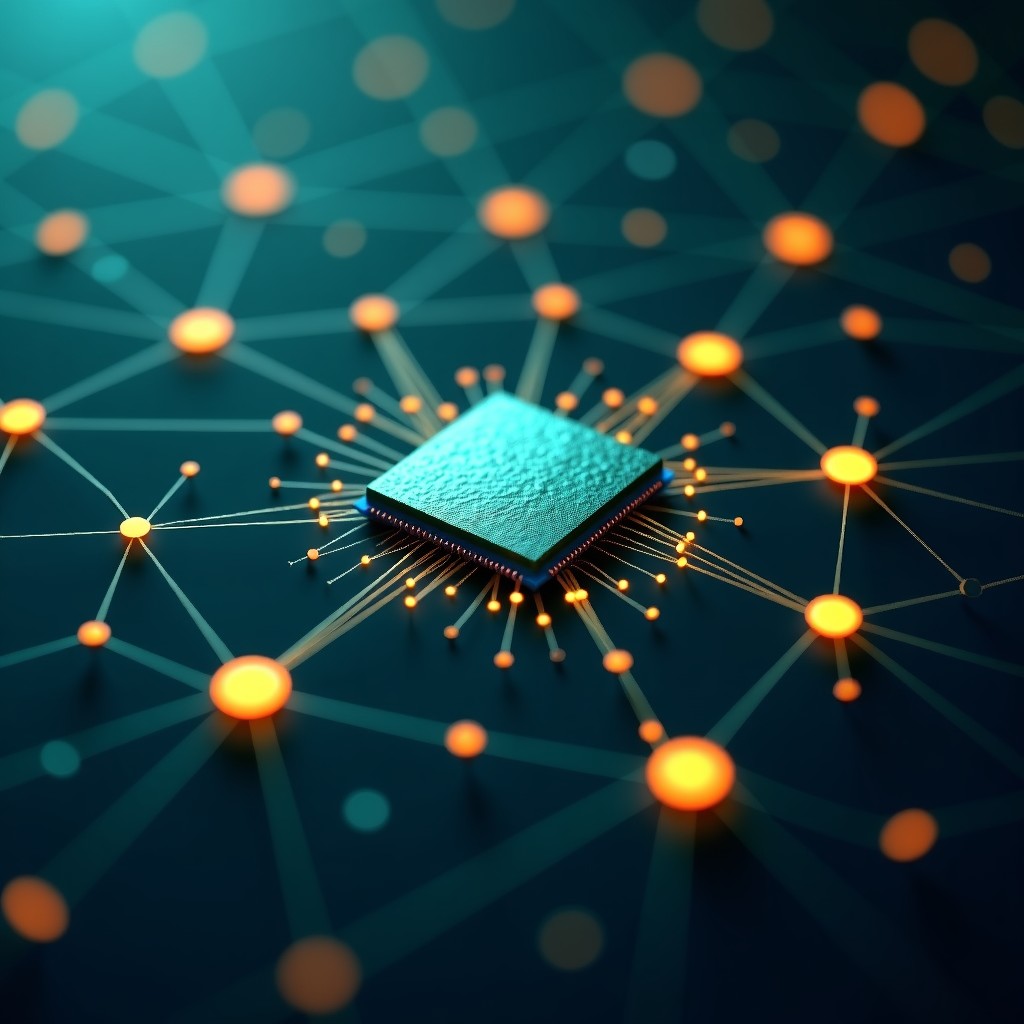 Abstract representation of digital memory storage, glowing nodes connected in a neural network pattern, deep space background with soft teal and gold lighting, 4:3