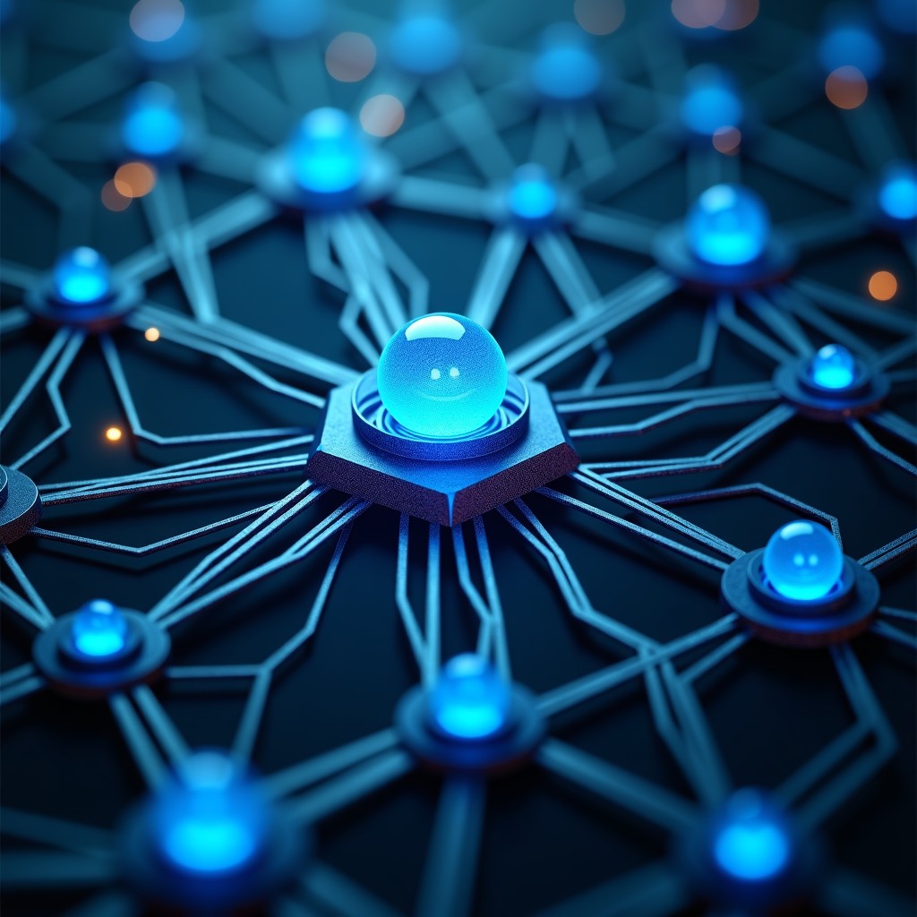 Abstract representation of digital neural networks connecting to geometric metal structures, high-tech industrial aesthetic, balanced lighting, 4:3