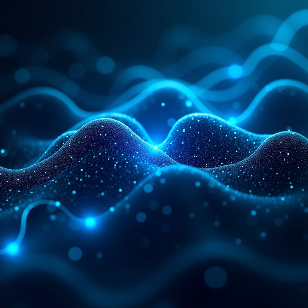 Complex neural network visualization glowing in blue and dark grey tones, representing AI architecture, 4:3