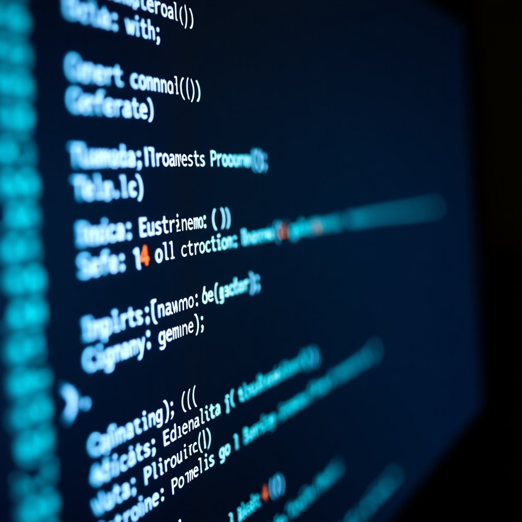 Close up of a computer screen showing lines of code and data integration architecture, sophisticated dark mode theme, technical aesthetic, 4:3