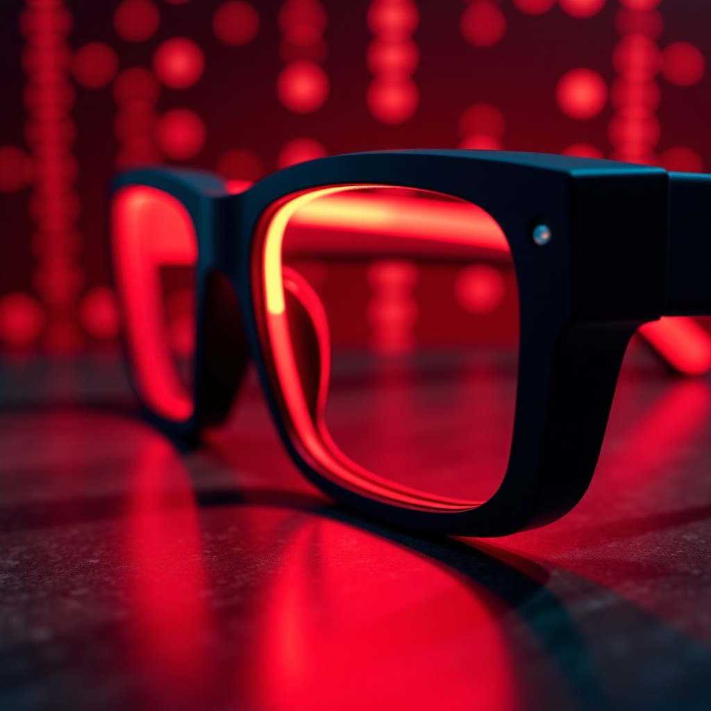 Close up of a red indicator light on smart glasses frame, abstract background with binary code patterns, professional product photography, 4:3 ratio.