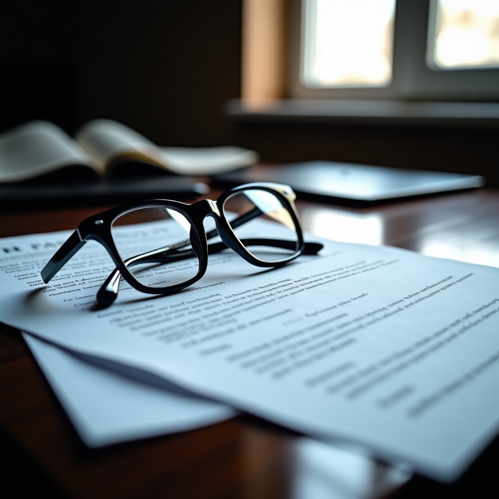 Legal documents and a pair of glasses on a desk, dramatic lighting, sharp focus, conceptual shot for tech litigation, 4:3 ratio.