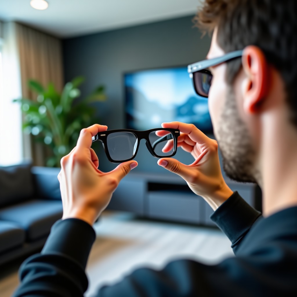 A person holding smart glasses carefully, blurred background of a modern living space, realistic photography, 4:3 ratio.