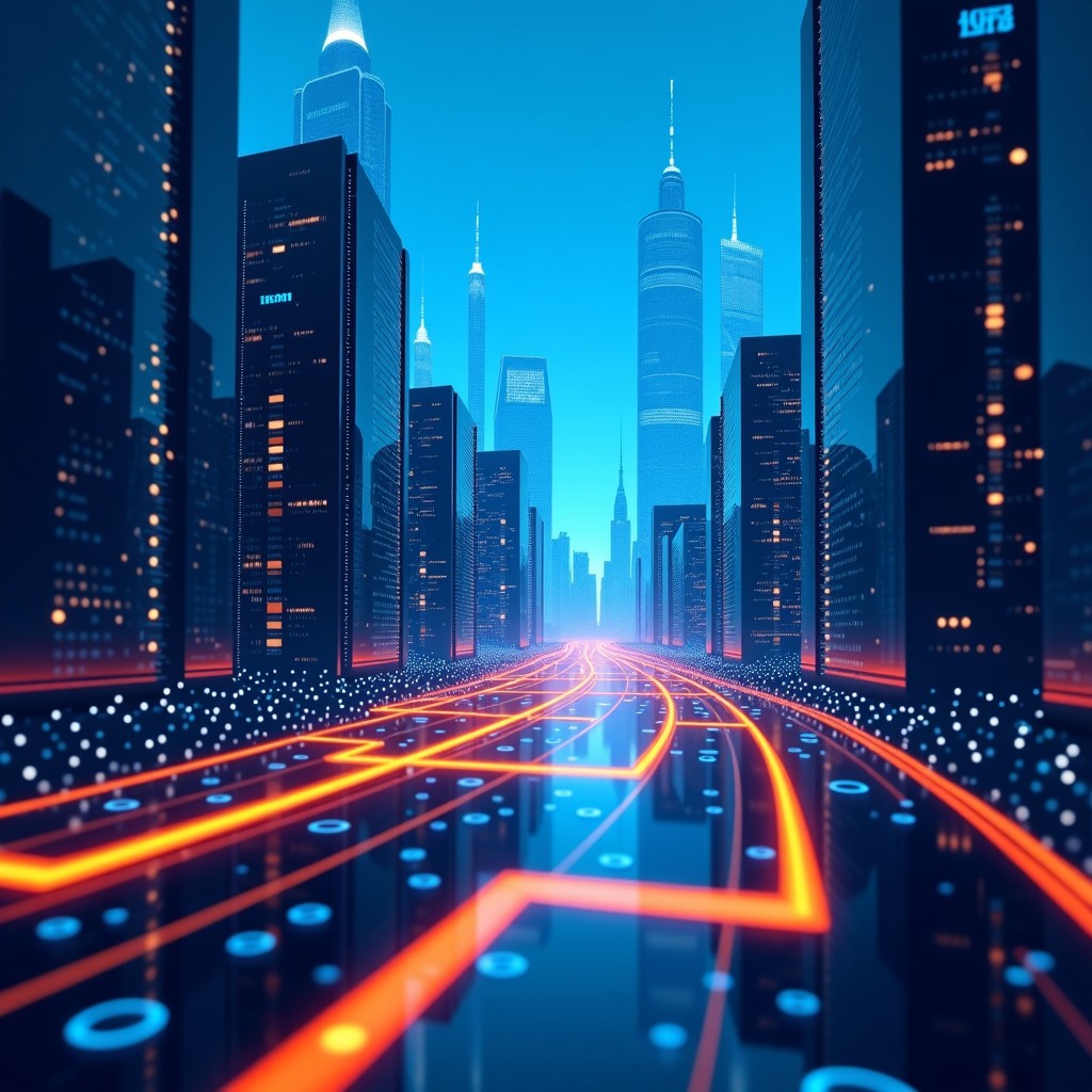 Abstract representation of data streams and network connections in a futuristic city, high contrast, blue and orange gradient, modern infographic style, 4:3.