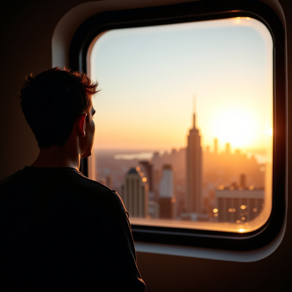 A person looking out of a window toward a bright horizon, contemplating the balance between technology and humanity, professional lighting, cinematic composition, 4:3.