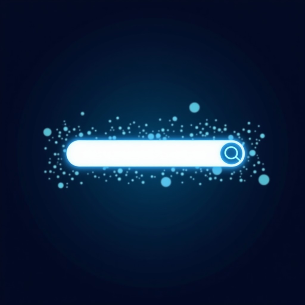 A glowing search bar icon on a dark blue background with abstract digital nodes, high contrast, minimalist style, 4:3 aspect ratio.