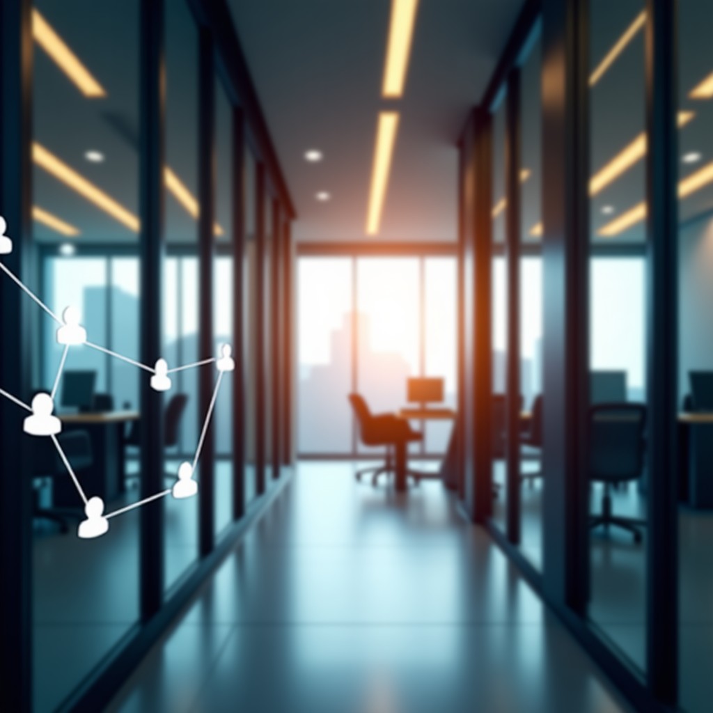 A professional office interior with abstract network lines connecting people icons, warm and bright lighting, minimalist aesthetic, 4:3 aspect ratio.