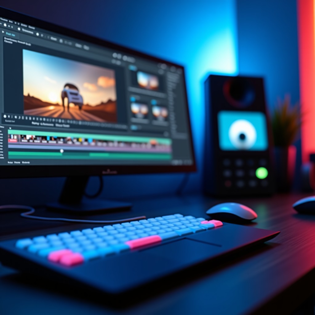 Close up of a digital film editing station showing visual effects adjustment, professional atmosphere, sleek technology interface, sharp focus, 4:3