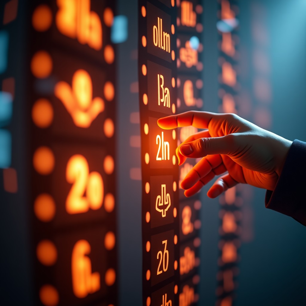 Conceptual art showing a digital human hand interacting with film strips, futuristic aesthetic, warm lighting, professional photography, 4:3