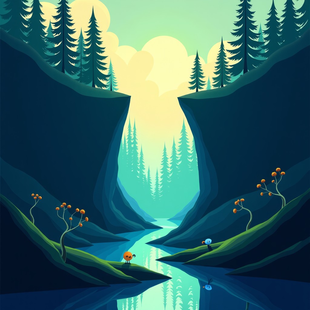 Conceptual art showing a digital barrier separating a peaceful forest from a chaotic technological web, surreal illustration, 4:3