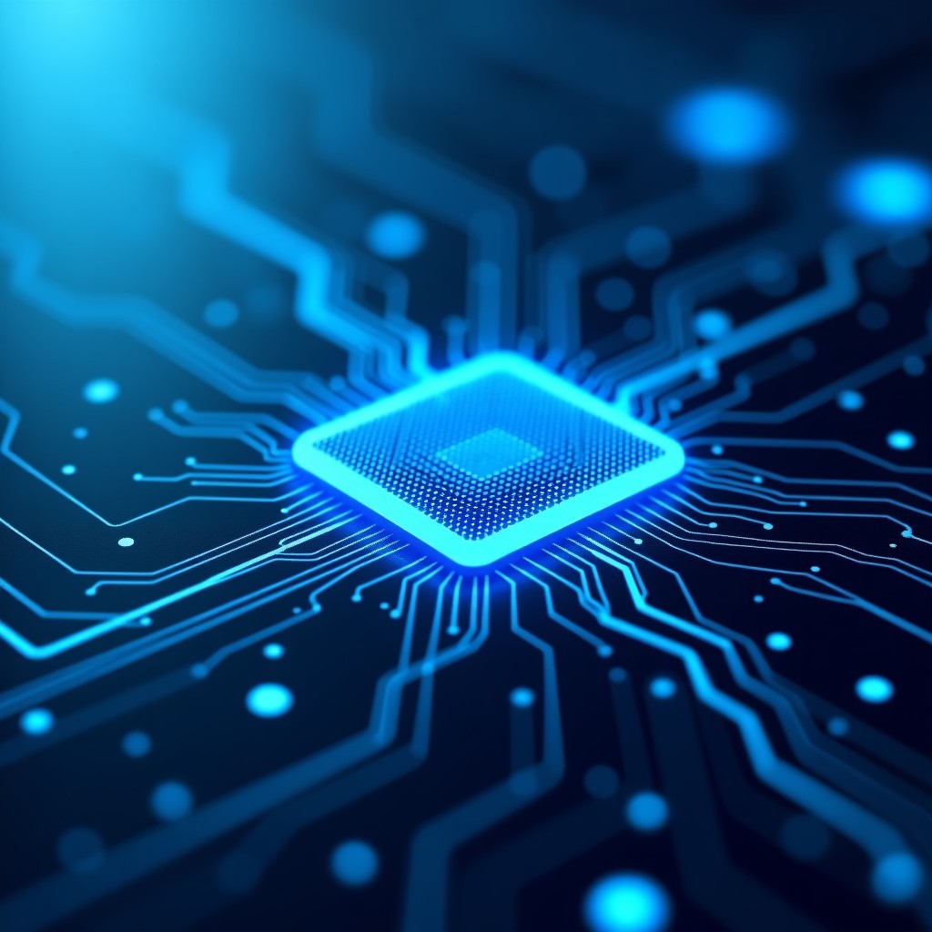 Abstract representation of high-tech computer chips and circuitry, glowing blue and silver tones, clean modern aesthetic, digital data flow concept, high resolution, 4:3