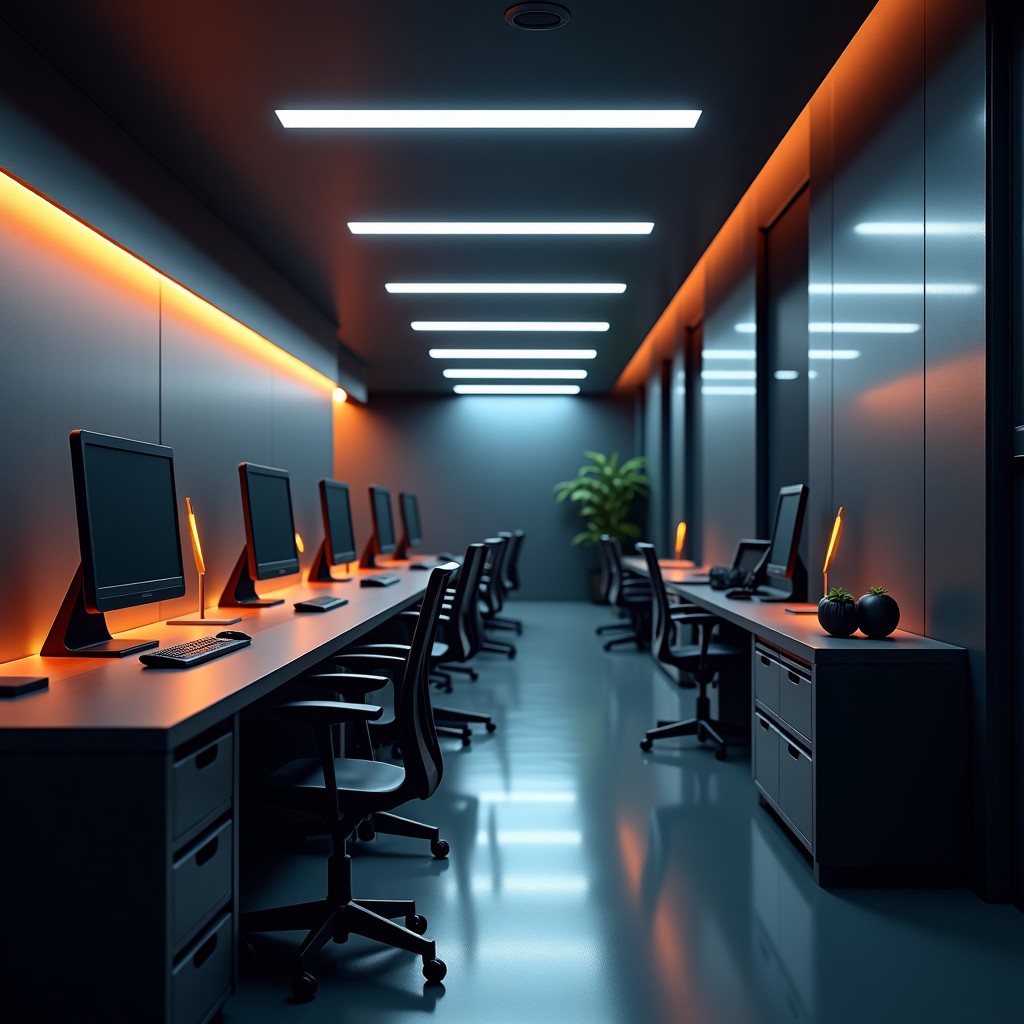 Modern futuristic office space, dark moody interior with warm accent lights, conceptual design, high-end technology feel, wide angle view, sharp focus, 4:3