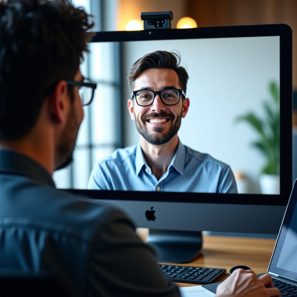 Close up of a computer screen showing a video conference interview, focused on facial analysis and digital detection, professional atmosphere, realistic style, 4:3 aspect ratio.