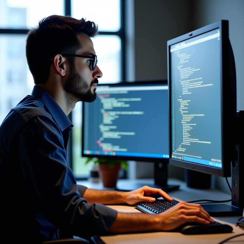 A software engineer reviewing code on a dual monitor setup, focused on technical assessment, clean modern office environment, realistic, 4:3 aspect ratio.