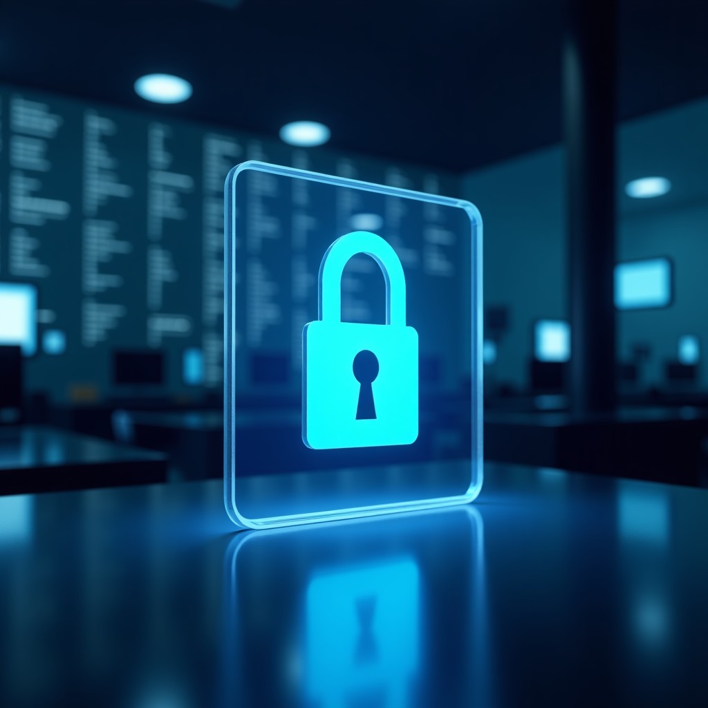 Cybersecurity concept with a security lock icon integrated into a modern workspace background, professional and clean, high contrast, 4:3 aspect ratio.