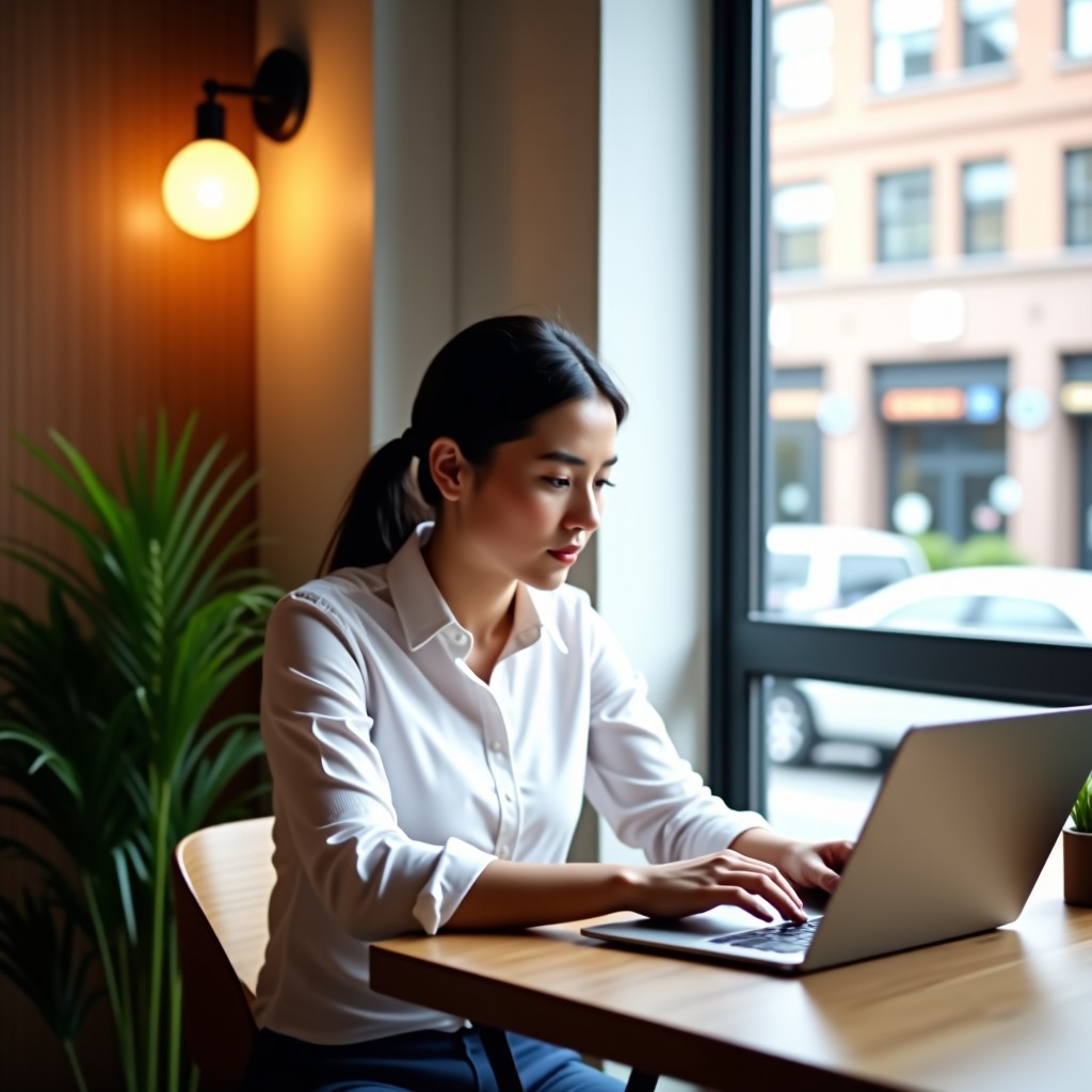 A modern professional working on a laptop in a bright cozy cafe, minimalist workspace, clean composition, natural light, 4:3 aspect ratio.