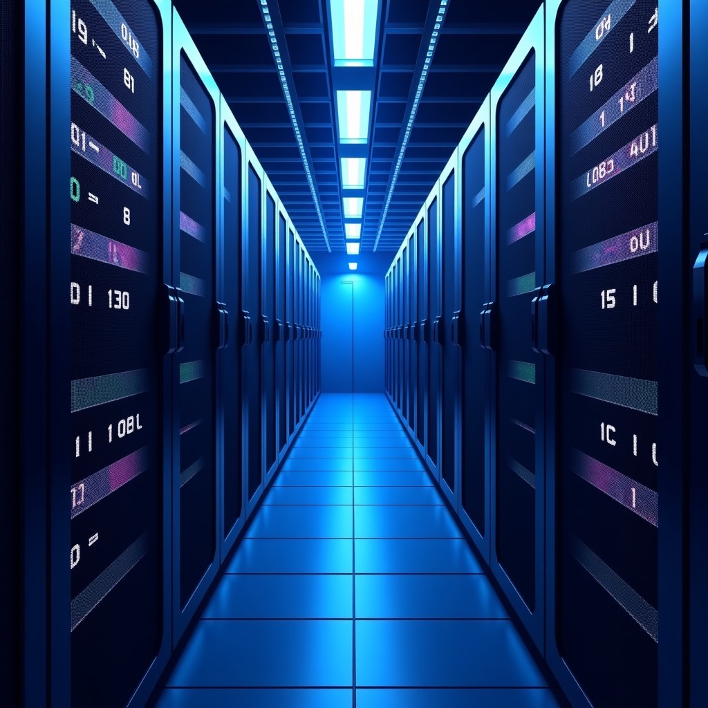 A complex abstract representation of server rooms and data flowing, dark tones with blue and purple highlights, professional aesthetic, no text, 4:3