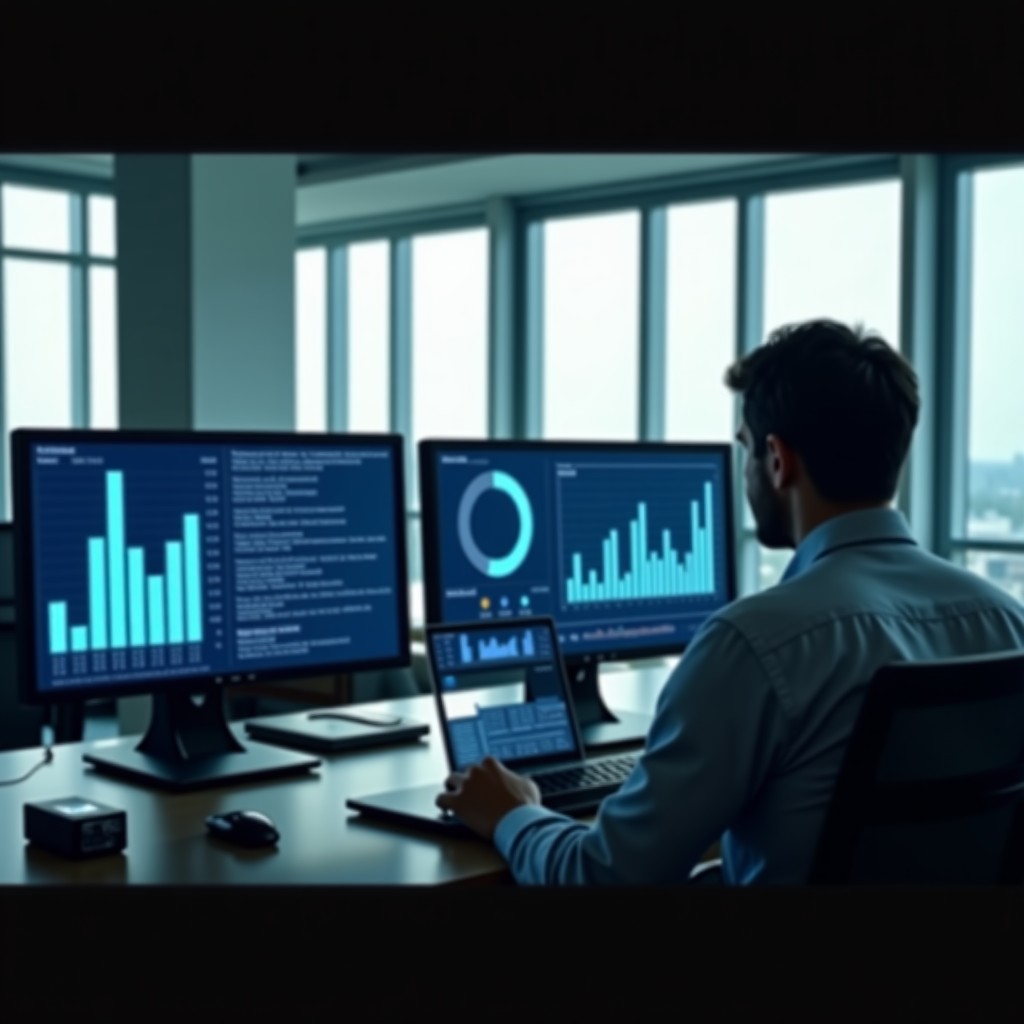 A modern office environment with digital screens, soft natural lighting, a person analyzing data patterns, cinematic shot, 1:1