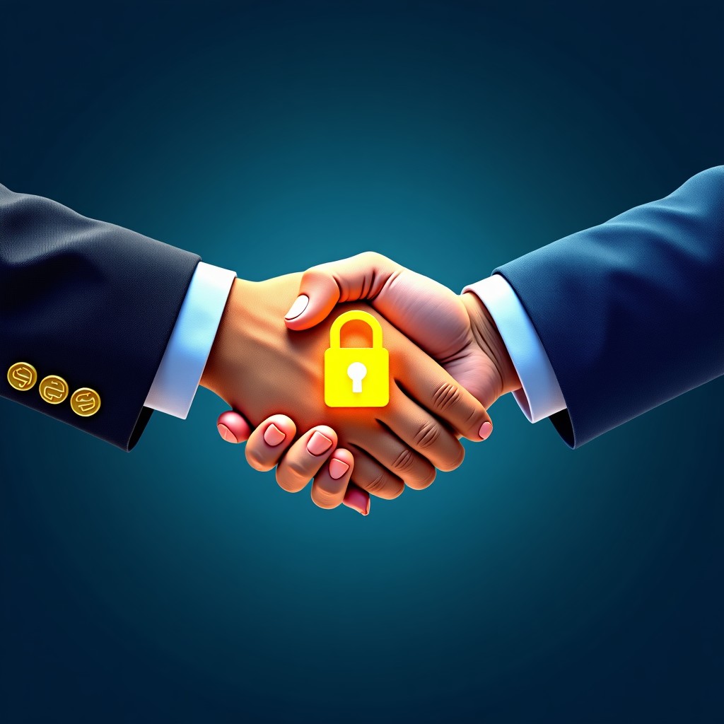 Abstract representation of a secure digital handshake between technology and regulation, gold and blue color palette, professional tech aesthetic, 4:3