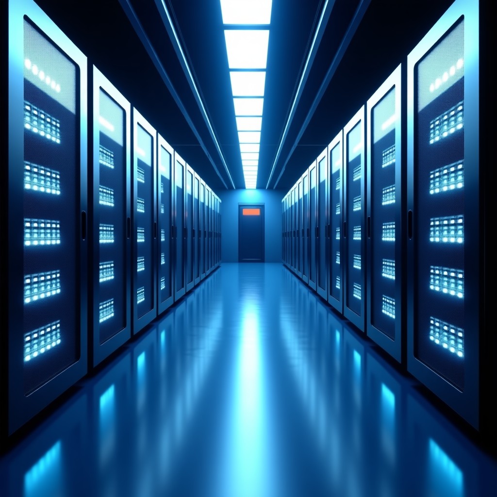 A clean and modern server room with glowing lights, focus on data flow, high-tech industrial design, realistic, 4:3