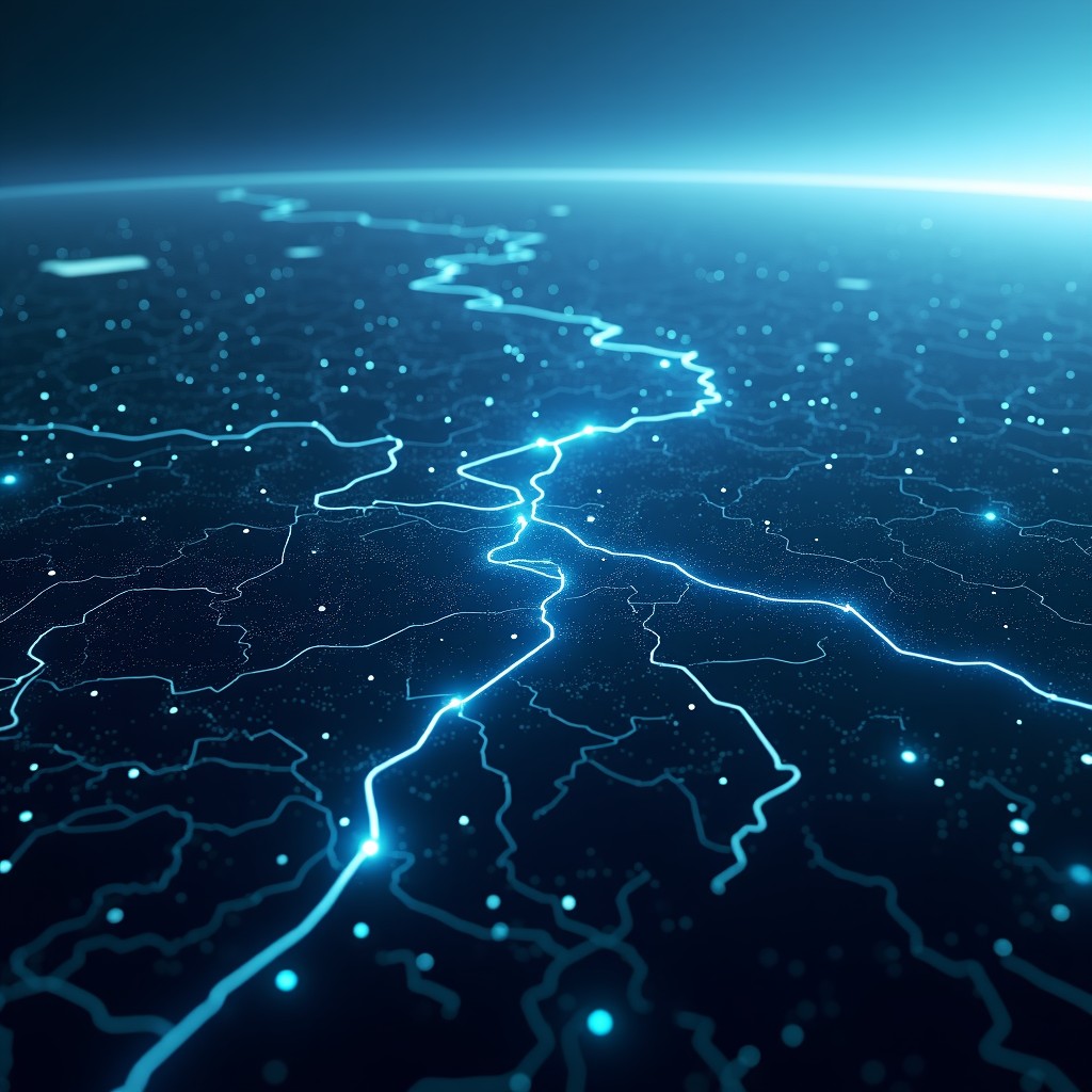 Digital representation of a modern battlefield, glowing network lines, tactical grid, aerial view of terrain with data overlays, sleek tech aesthetic, 4:3 aspect ratio