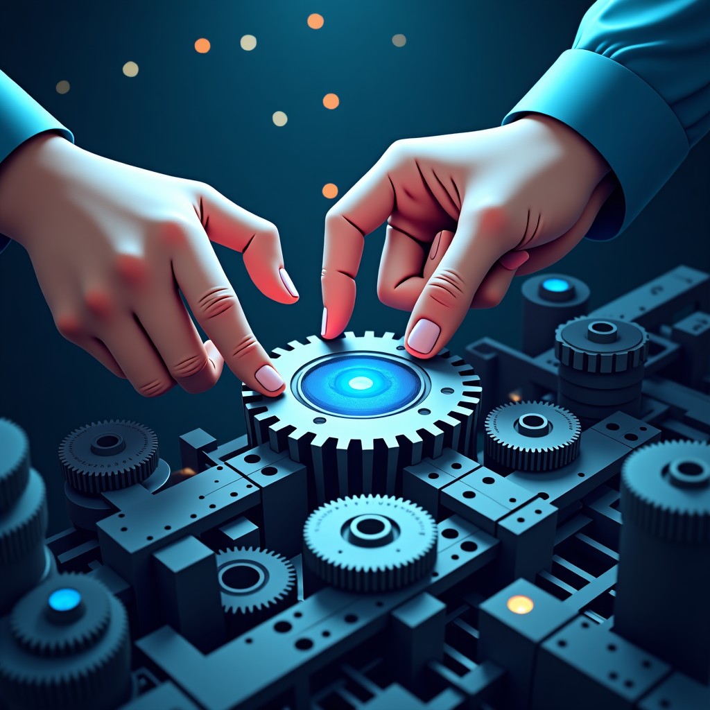 A conceptual illustration of human hands trying to adjust complex mechanical gears and digital circuitry, dramatic lighting, professional concept art, 4:3 aspect ratio