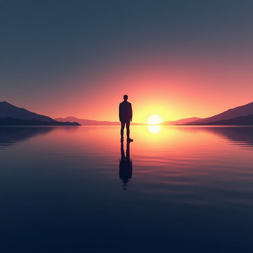 A reflective scene with a silhouette of a person looking at a digital horizon, deep colors, artistic photography, soft glow, 4:3 aspect ratio