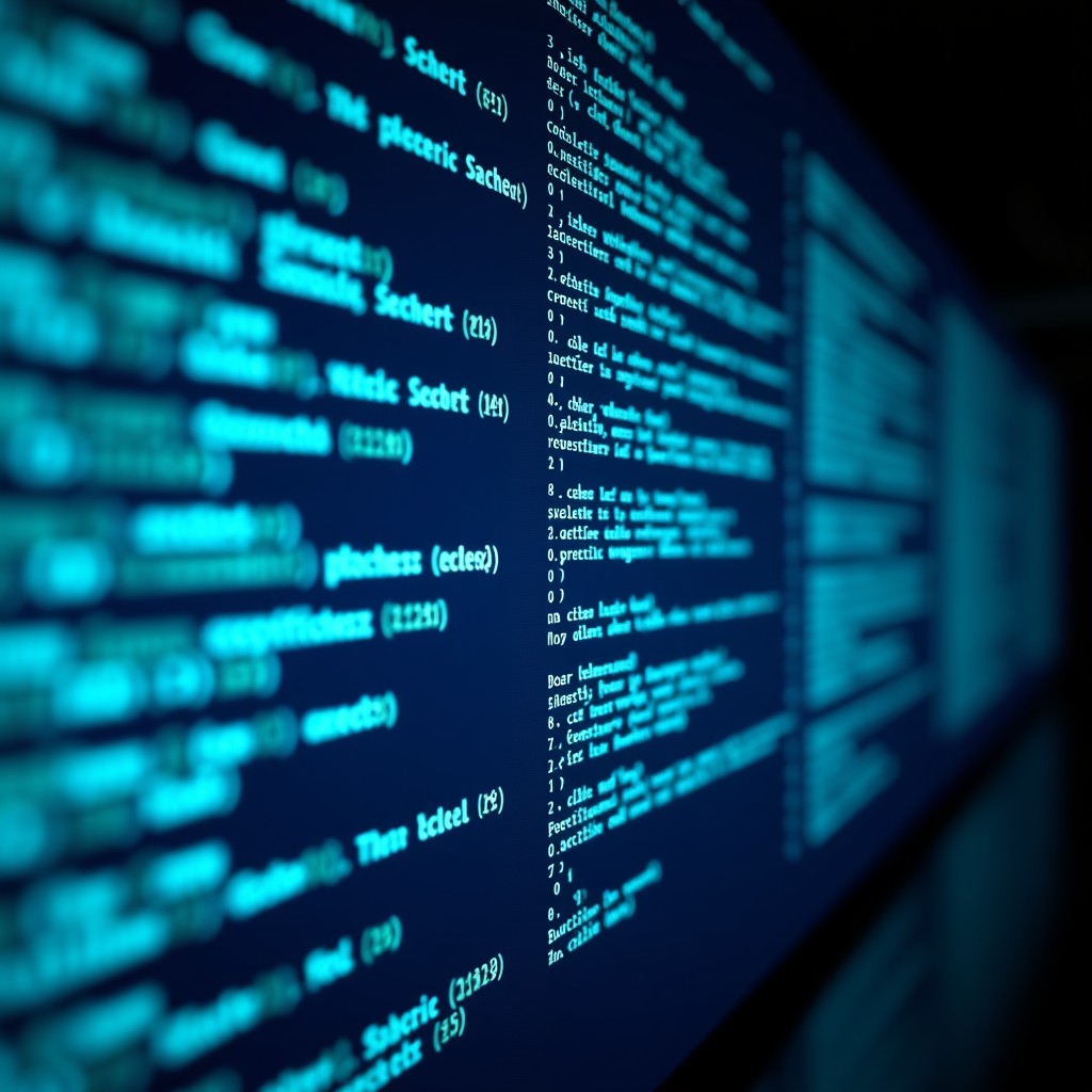 High-tech digital interface displaying code structure and security vulnerability scanning process, cinematic lighting, 4:3.