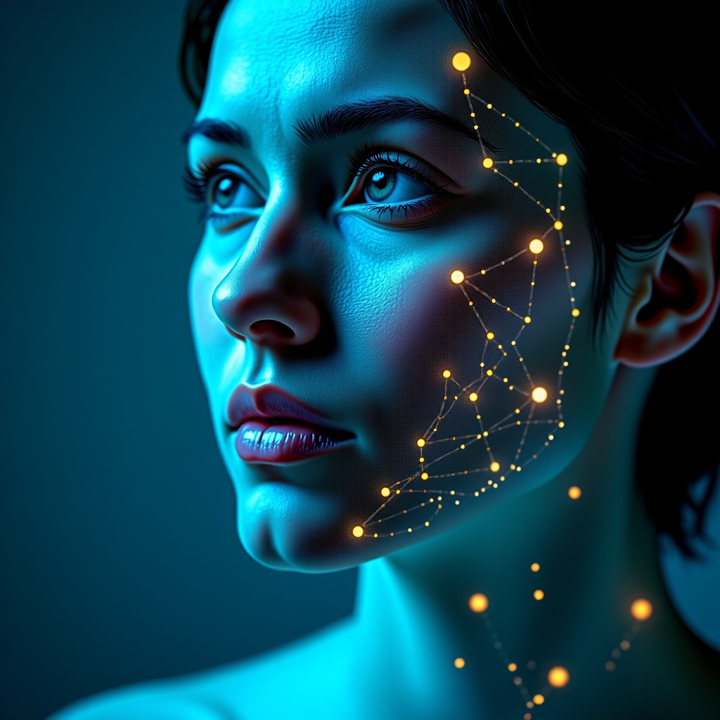 Abstract representation of data scraping and digital copyright, complex interconnected nodes and human portraits, cinematic lighting, 4:3 aspect ratio.