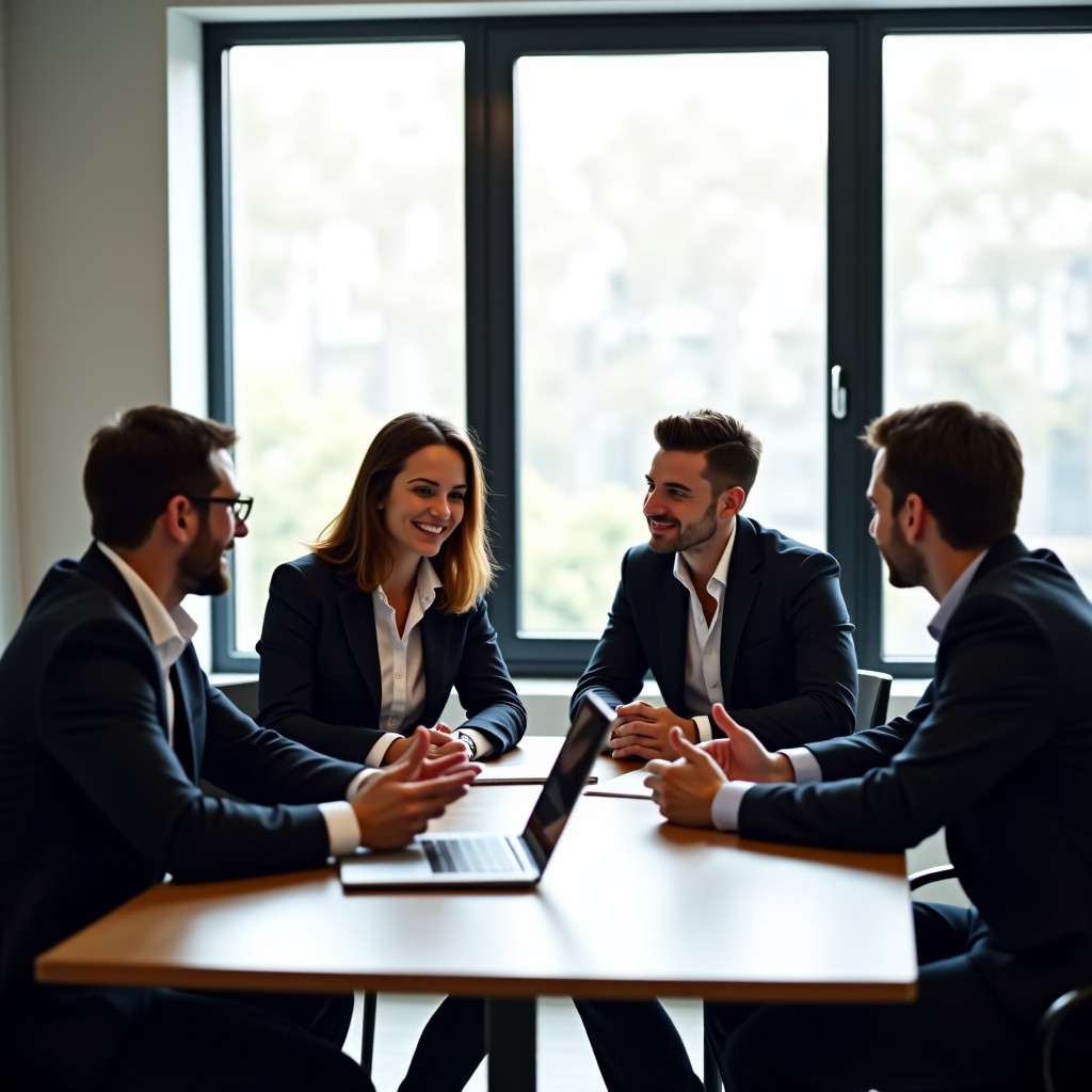 A team of diverse professionals in a modern conference room discussing business strategy, soft natural window lighting, clean office aesthetic, 4:3 aspect ratio