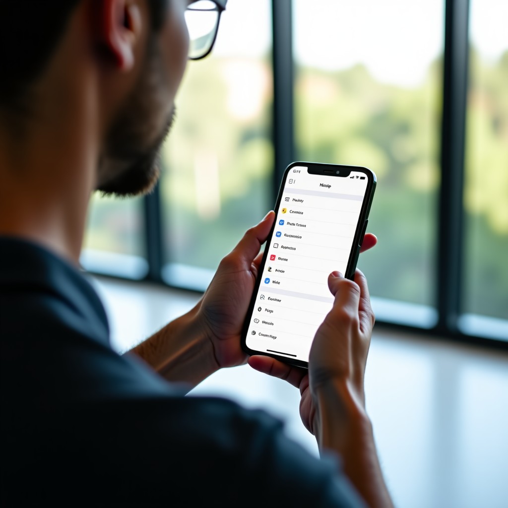A person holding a modern smartphone near a bright office window, focusing on the settings menu, clean natural lighting, minimalist aesthetic, 4:3 aspect ratio.